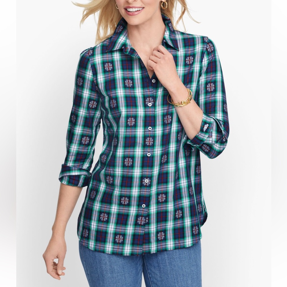 {Talbots} Classic Cotton Button Down in Snowflake Jacquard Plaid - Large Petite - Picture 9 of 9